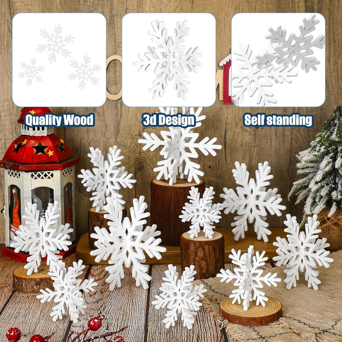 Qunclay 20 Pcs Wooden Snowflake Decorations 3D Snowflake Tabletop Decor Christmas Signs and