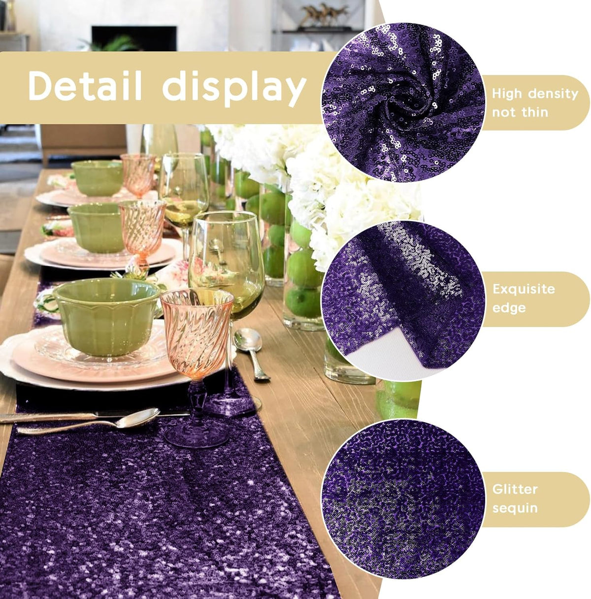 2 Packs 12 x 72 inches Sequin Table Runner, Purple Glitter Table Runner for Birthday Party Supplies
