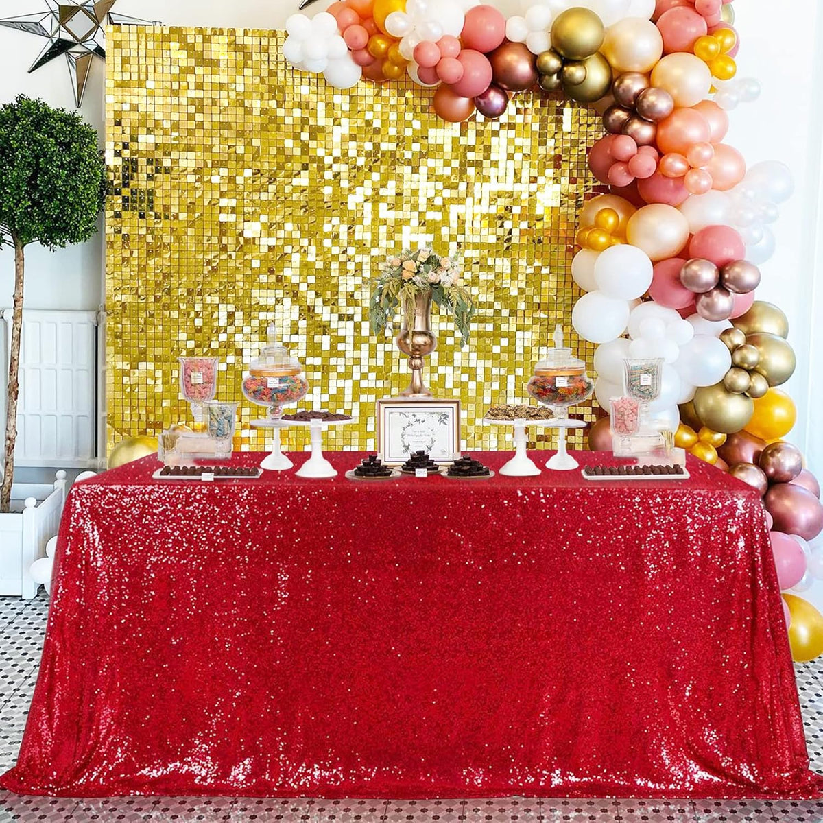 QueenDream Sparkly Sequin Tablecloth - Red Table Cloth 50x80 Inches Rectangle Table Overlay Fabric