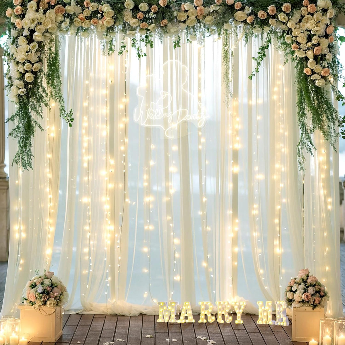 Ivory Sheer Backdrop Curtains with Lights String for Parites Wedding 10×8ft Tulle Backdrop Curtains