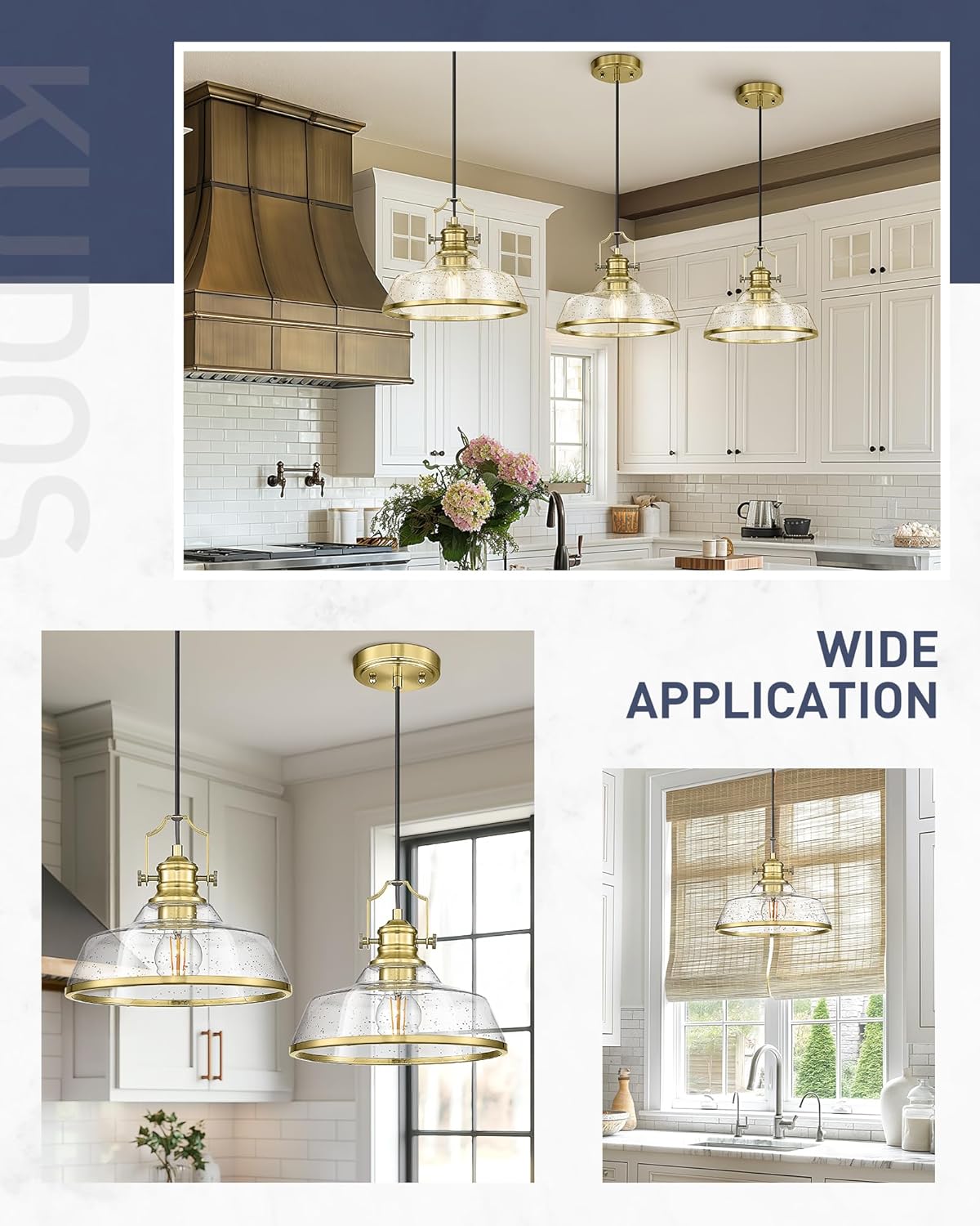 kudos 2 Pack Gold Pendant Lights Kitchen Island, 11" Brass Kitchen Island Lighting with Seeded