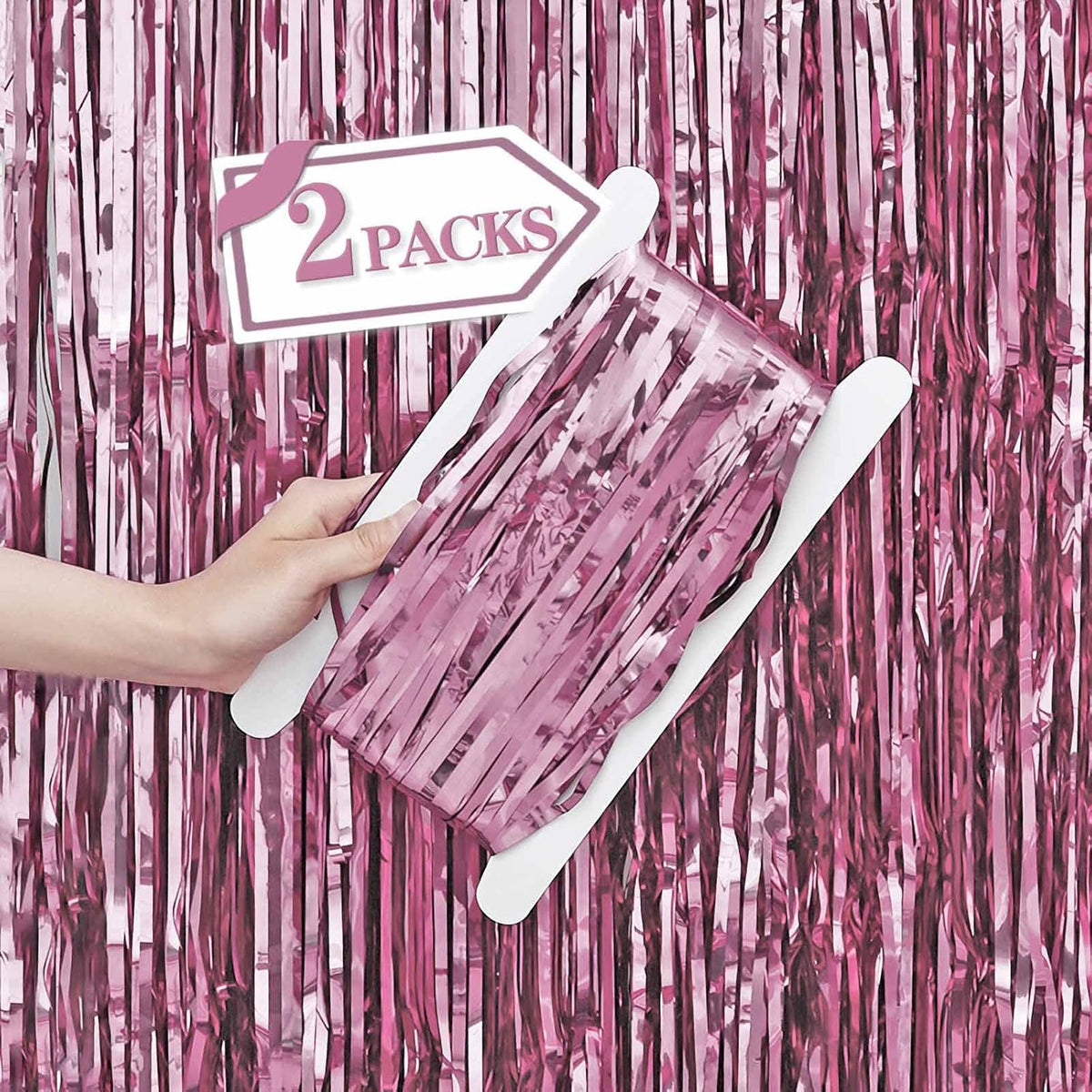 2 Pcs Pink Metallic Tinsel Foil Fringe Curtains Backdrop, 3.28 ft x 6.56 ft Streamers for Birthday