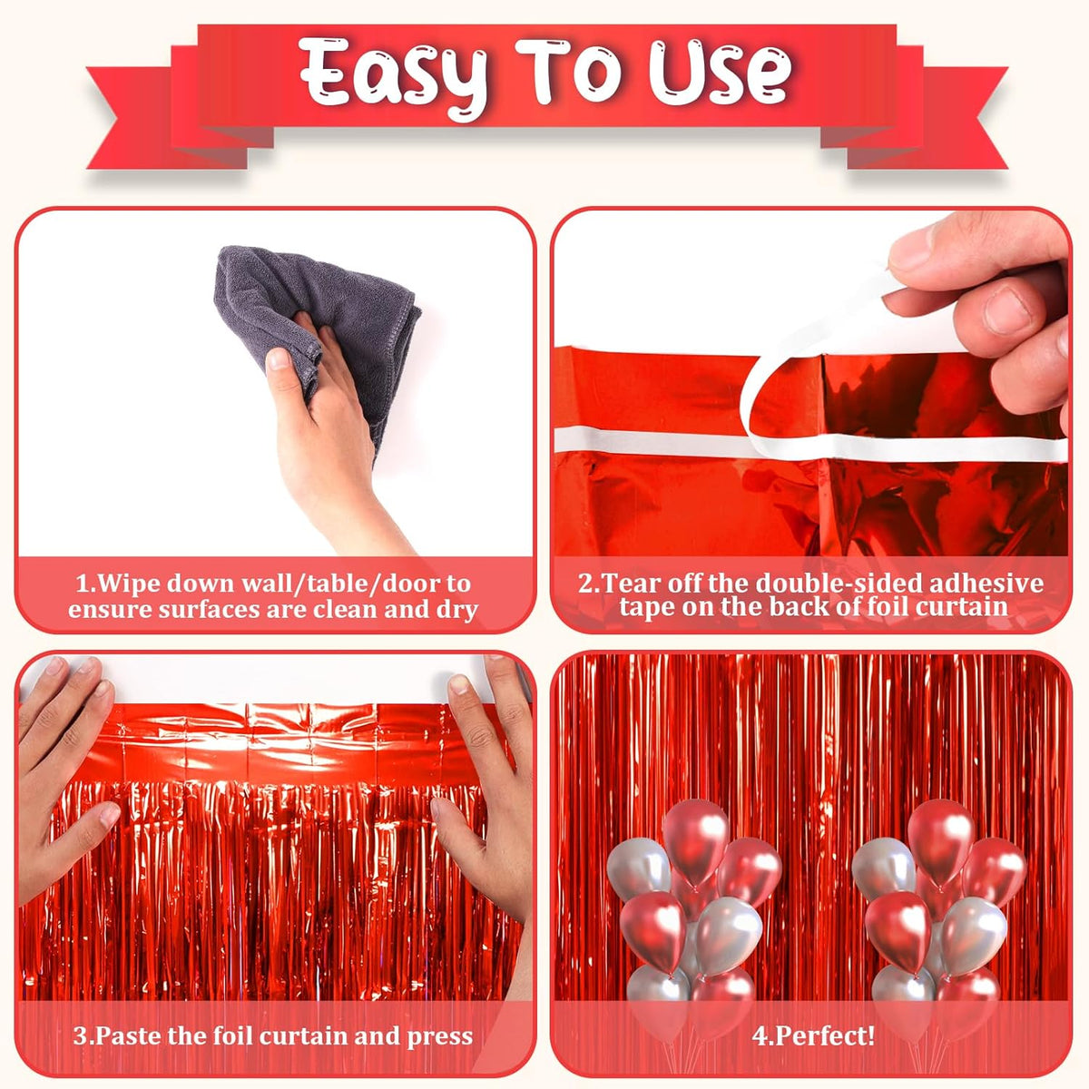 2 Pack Red Tinsel Foil Fringe Curtains, Red Party Decorations, Metallic Tinsel Party Streamers