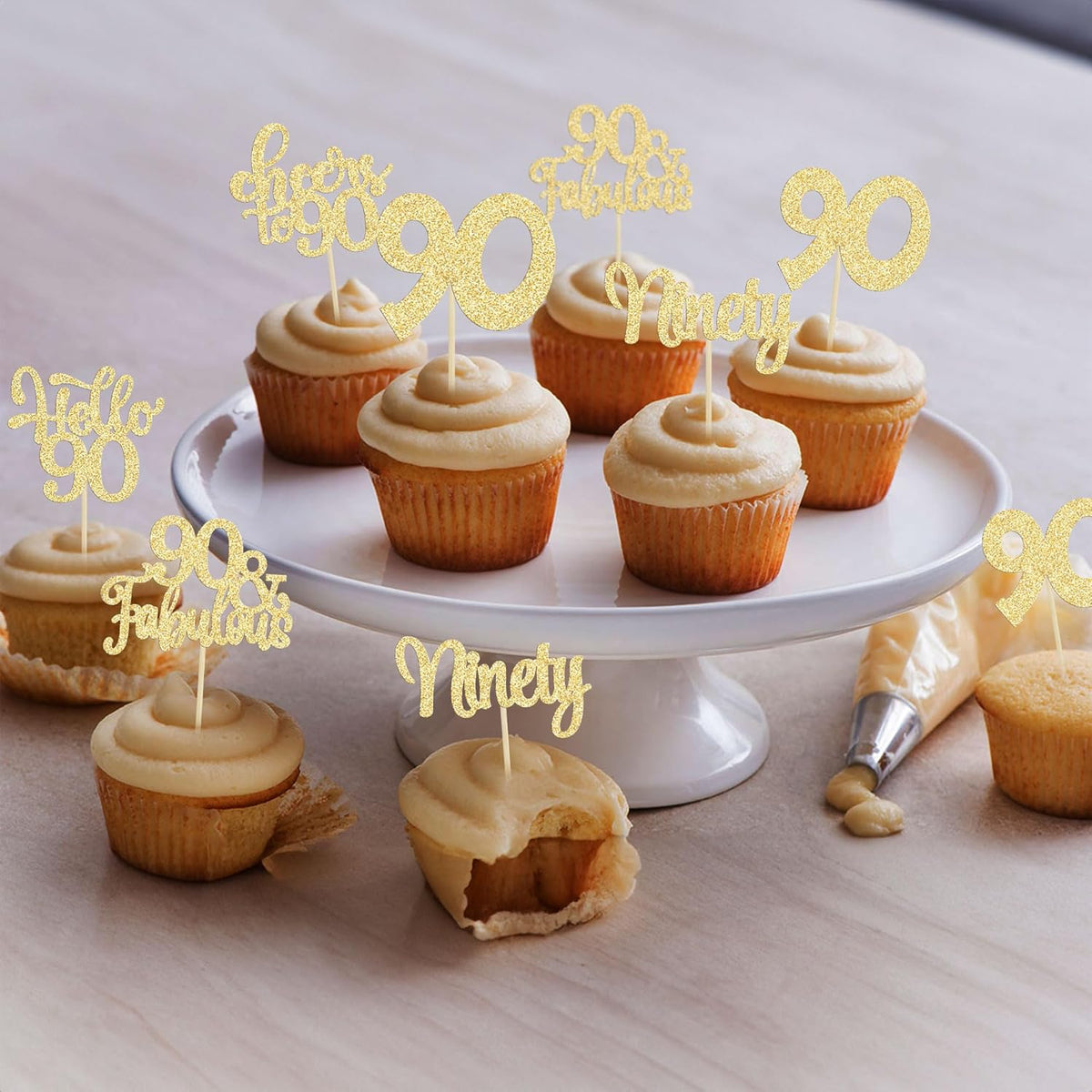 30pcs Happy 90th Birthday Cupcake Toppers - Gold Glitter Ninety Cheers to 90 Years Old Cupcake