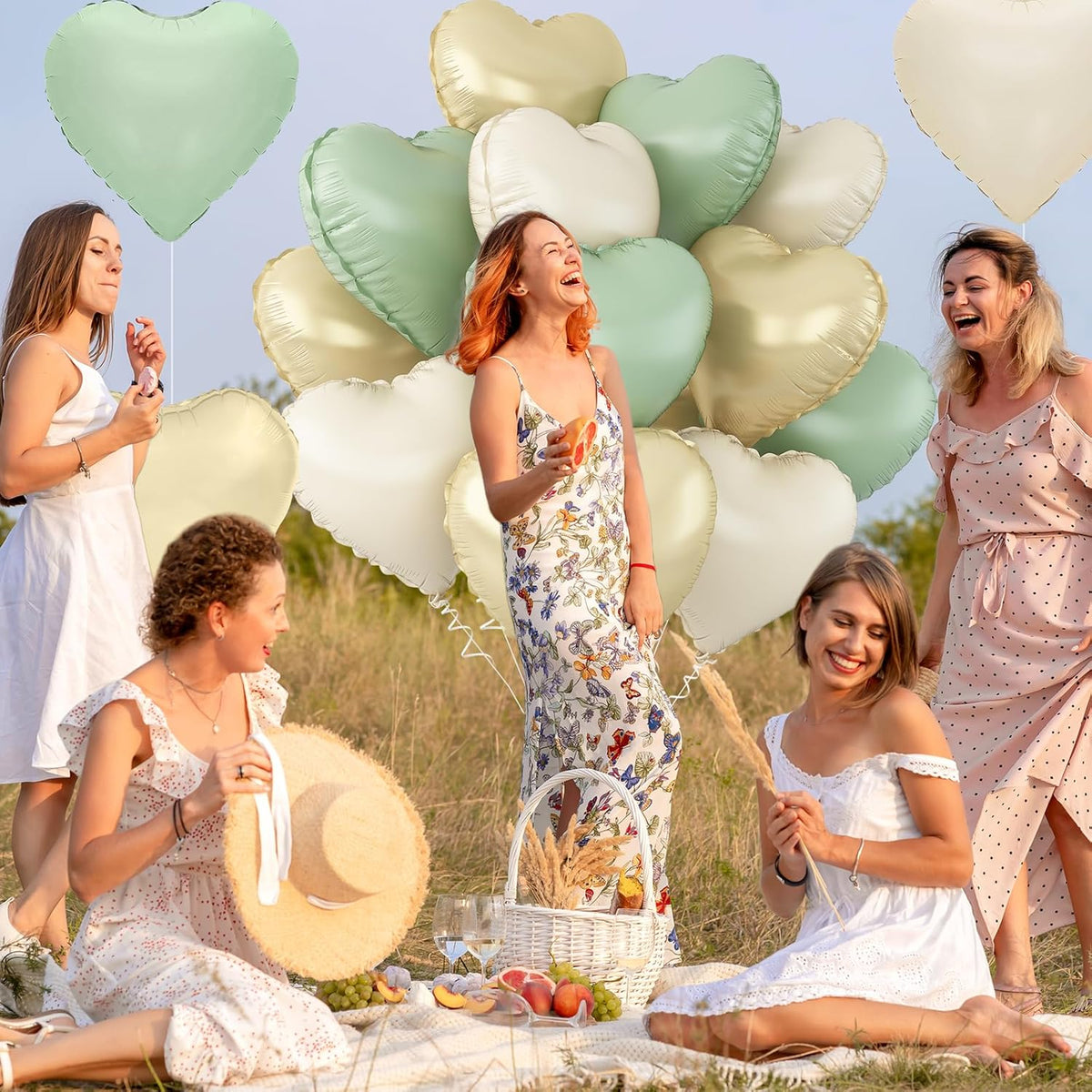 Sage Green Gold Heart Balloons,12Pcs Light Gold Heart Shaped Foil Balloons,18Inch Cream White