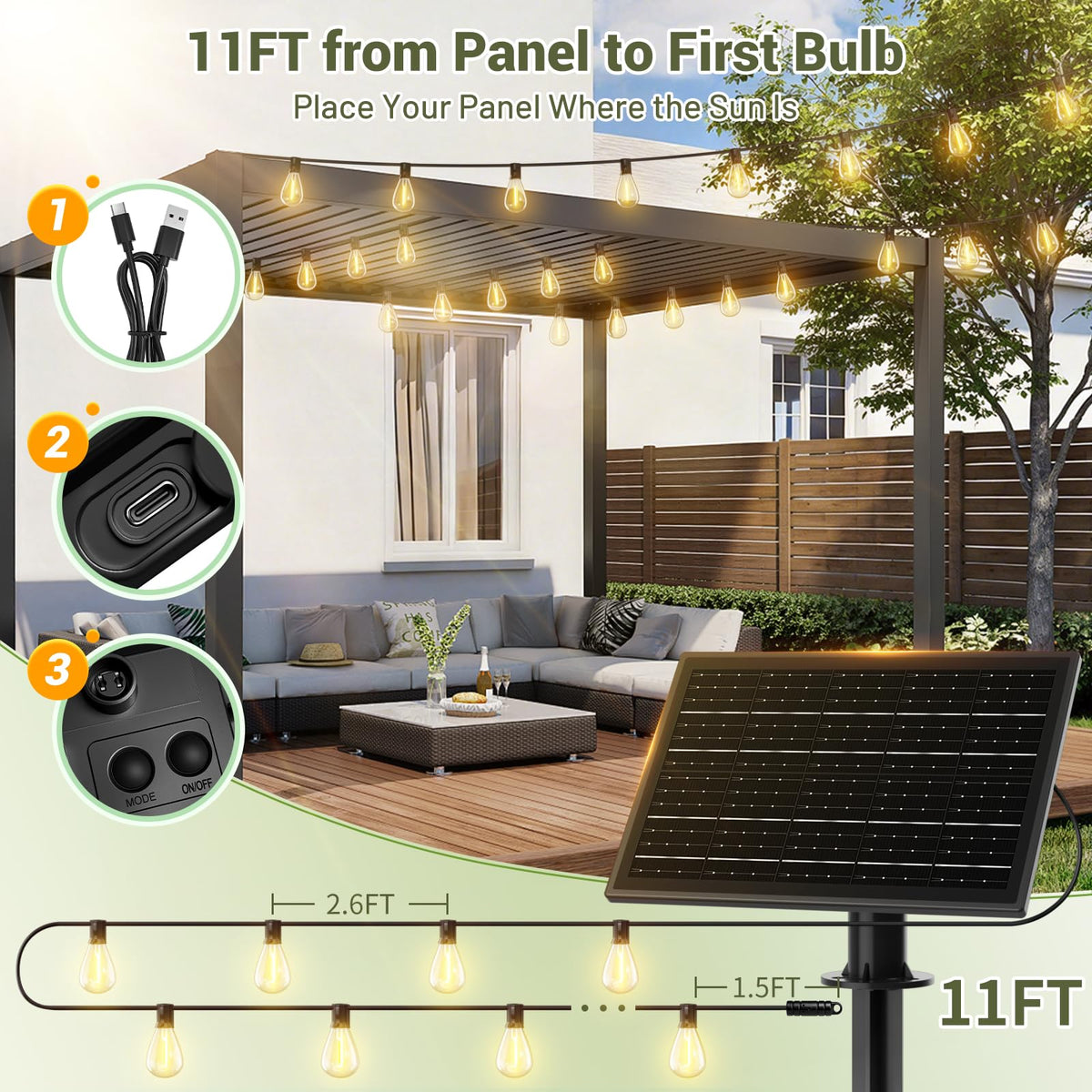 Amzrap 200FT Solar String Lights Outdoor Waterproof 72+2 LED Bulbs, Solar Powered with Remote & USB