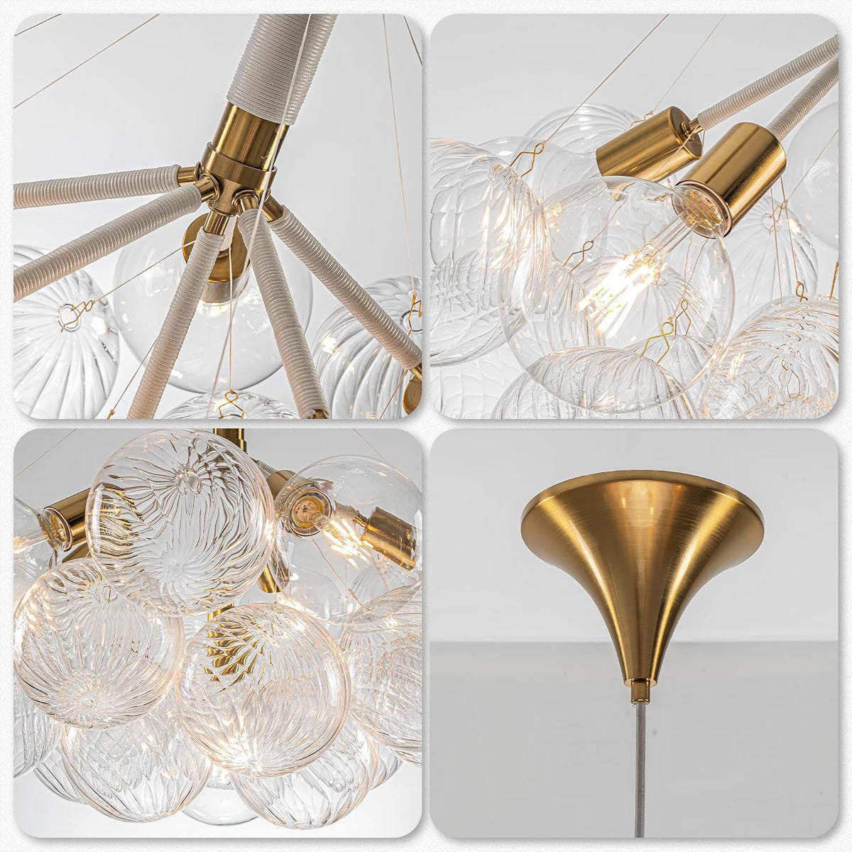 Mid-Century Bubble Globe Chandelier, White and Gold 6 Lights Dia 24" Swirled Glass Chandeliers for