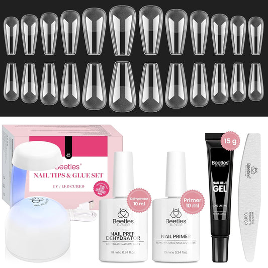 Beetles Gel Nail Kit Medium Coffin with Nail Dehydrator and Primer, 576Pcs Half Matte Etch-X Gel