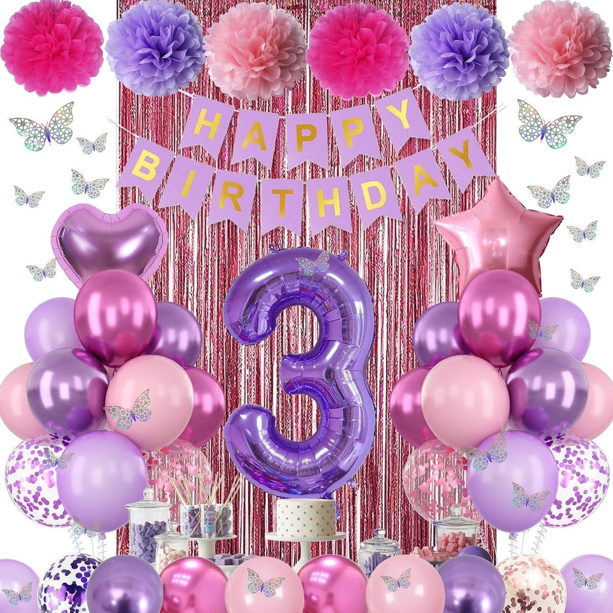 Pink Purple 3rd Birthday Party Decorations for Girls Number 3 Balloon Happy Birthday Banner