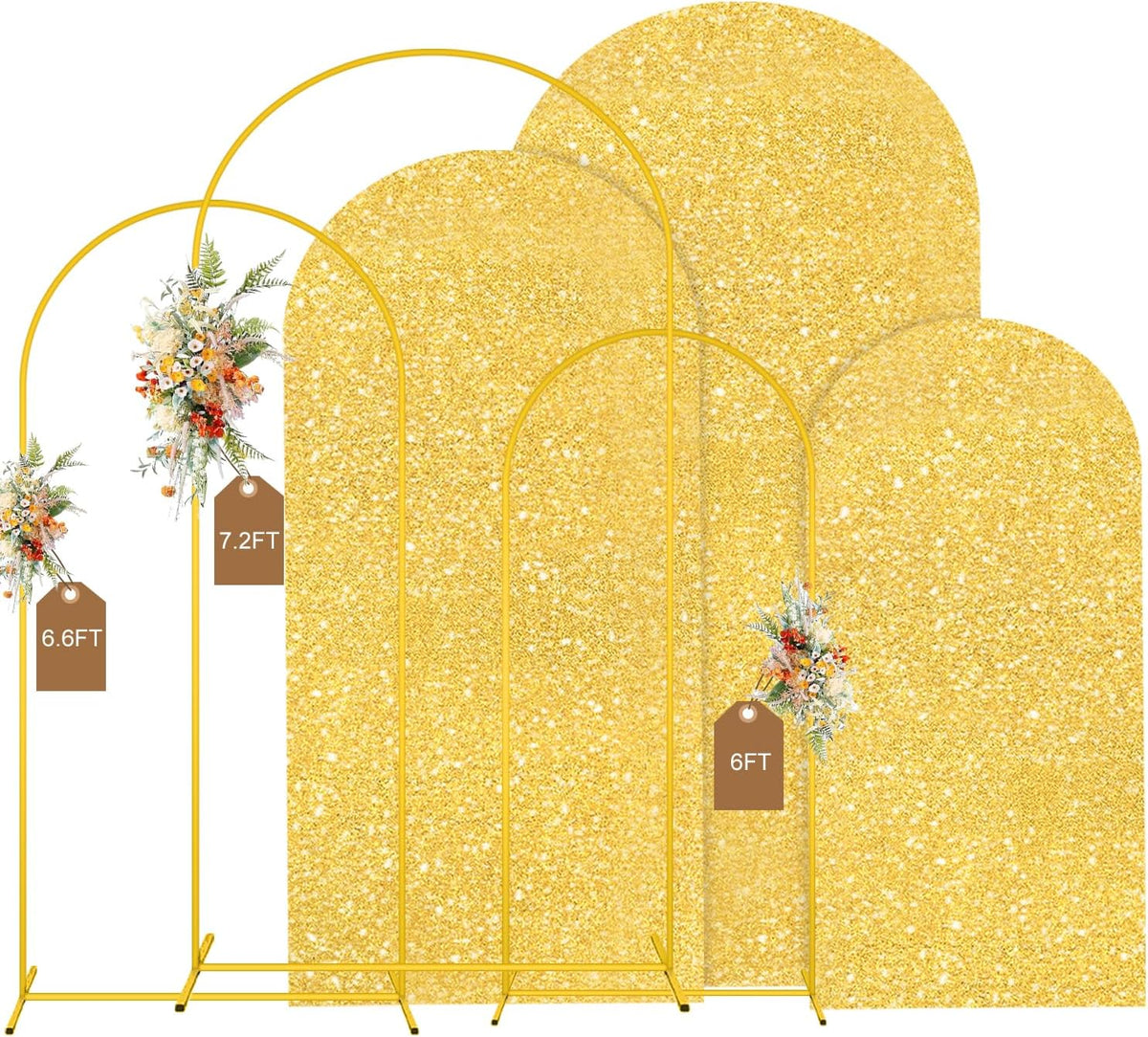 MODFUNS Metal Arch Backdorp Stand and Cover Set 6&6.6&7.2ft Gold Sequins Arch Backdrop Cover Set of