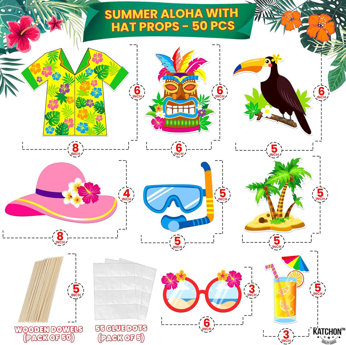 KatchOn, Tropical Hawaiian Photo Booth Props - Pack of 50, Luau Party Decorations | Luau Photo
