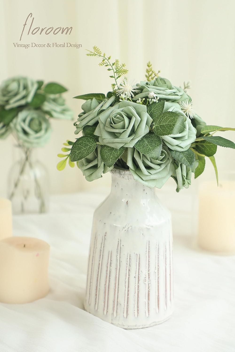 Floroom Artificial Flowers 50pcs Real Looking Elf Green Foam Fake Roses with Stems for DIY Wedding