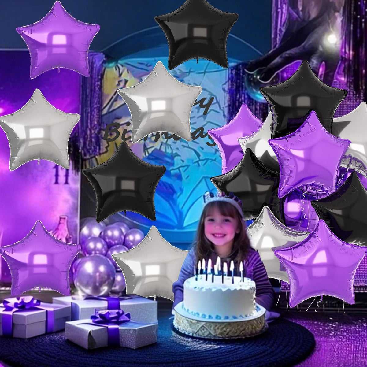 Purple Black Star Balloons 18Inch Lavender Purple Silver and Black Pentagram Foil Balloon 12Pcs