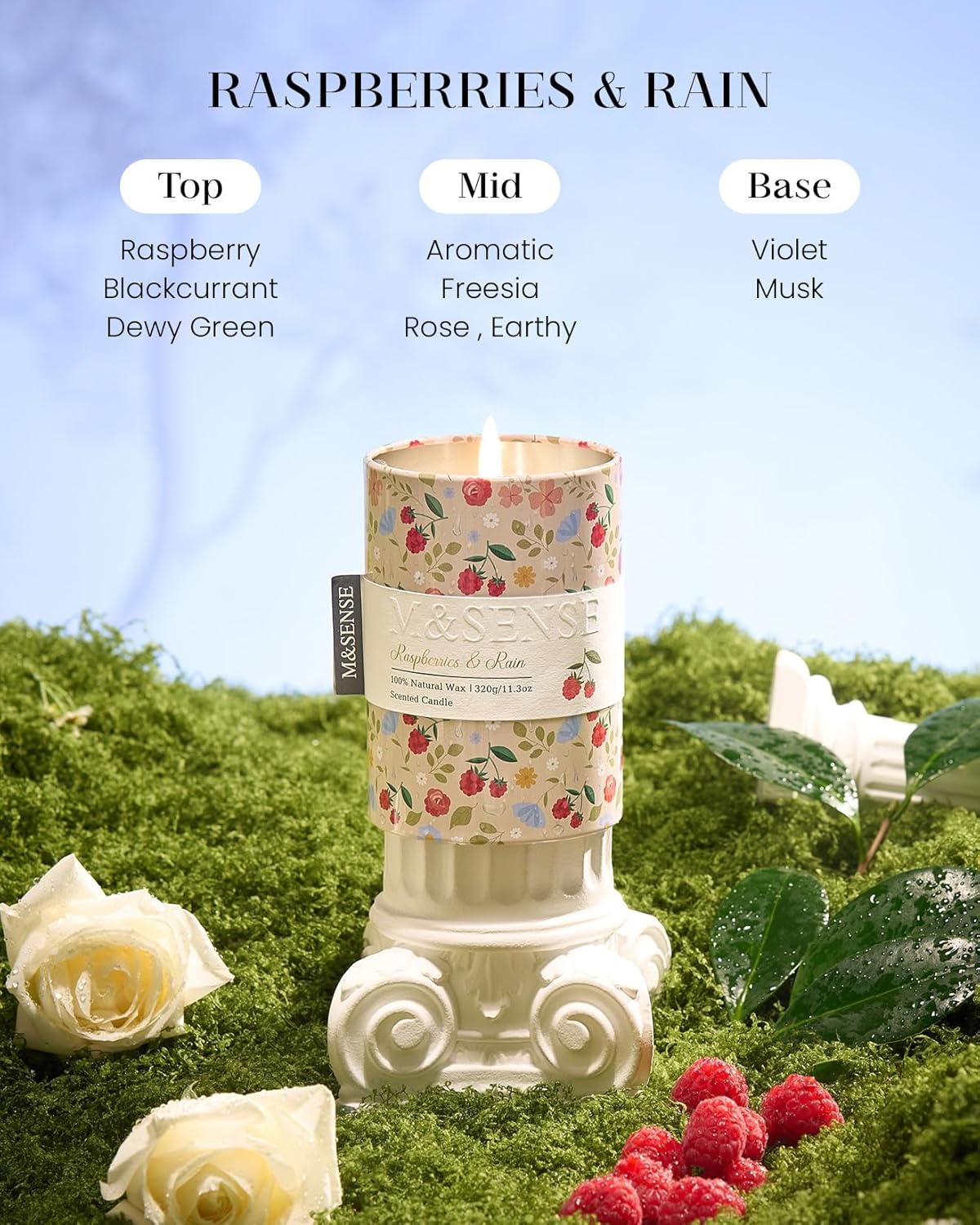 M&SENSE Raspberries Rain Scented Candle, Medium Jar Candle 11.3oz Natural Soy Wax for Home Scented