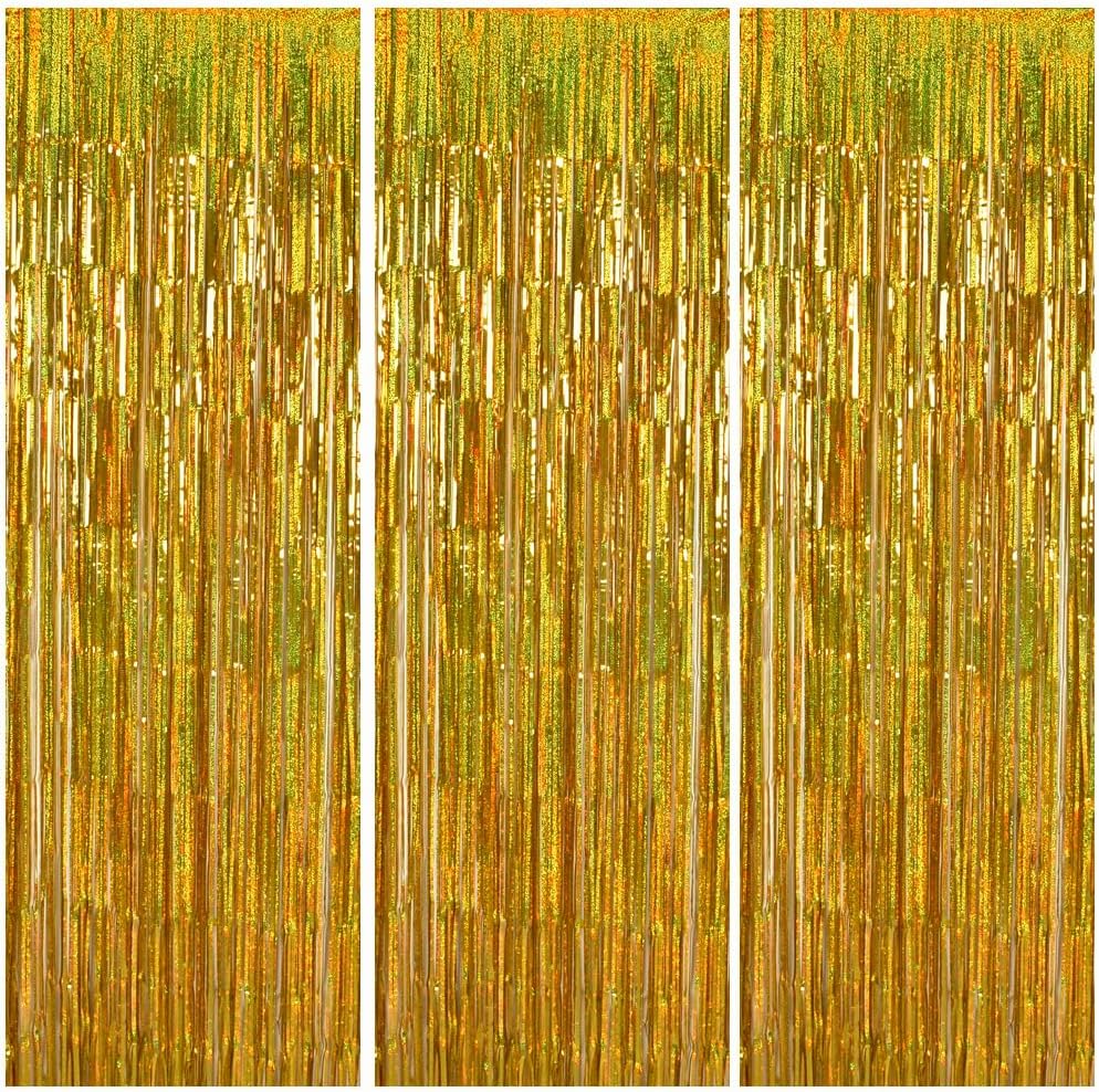 TONIFUL 3Pcs Laser Gold Door Streamers, Metallic Foil Fringe Curtains for Birthday, Christmas, New
