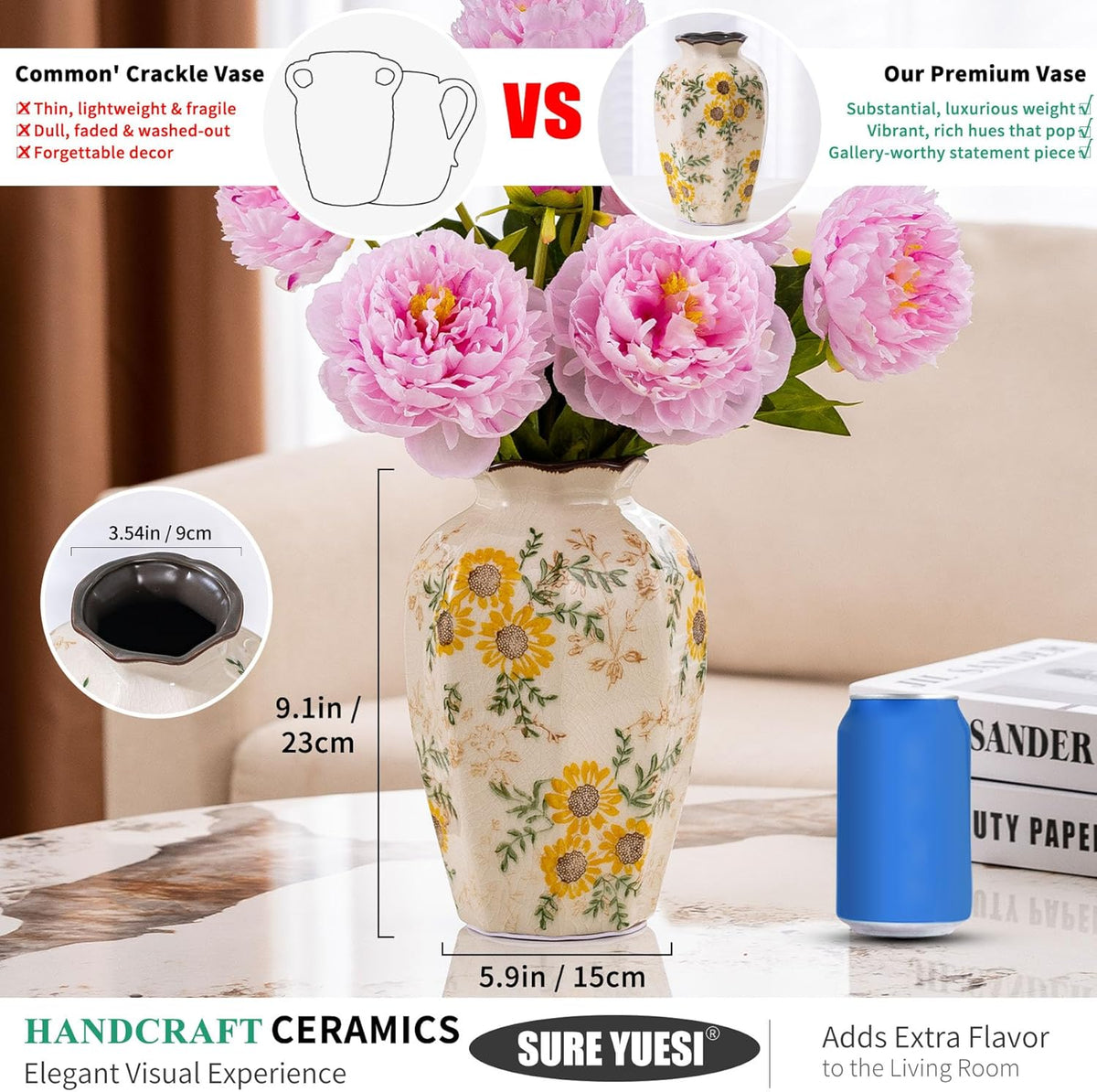 Hand-Painted Sunflower Vintage Ceramic Octagonal Vase, Green Yellow Beige Flower Vases for Bouquet
