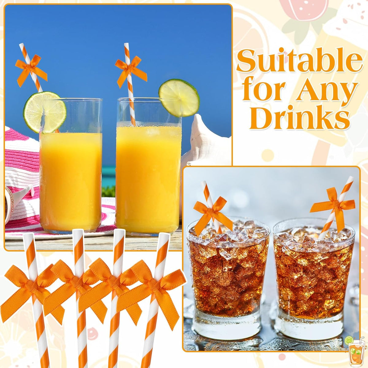 100 Pcs Fall Orange Paper Bow Straws for Drinking, Halloween Disposable Striped Paper Straws Bulk