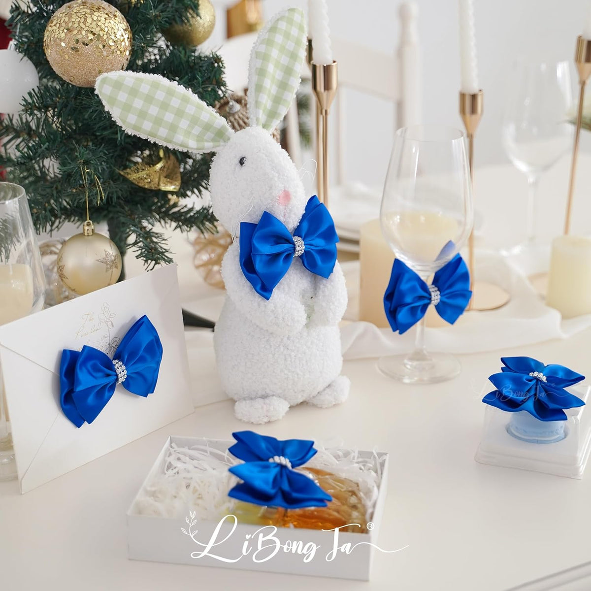 Royal Satin Bows 4'' Premade Blue Ribbon Bow, Gift Bows with Rhinestone, Wrapping Bows for