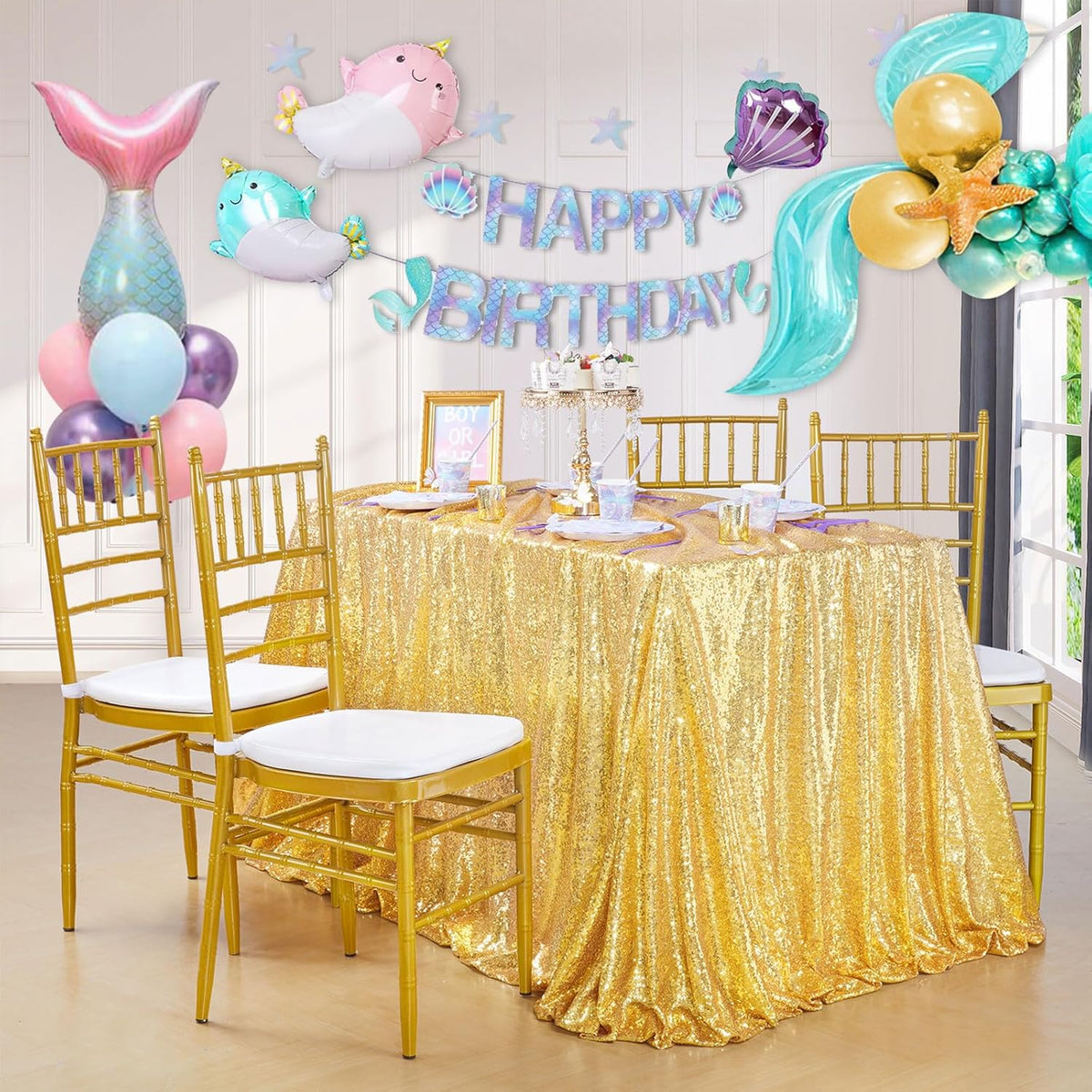 QueenDream Gold Sequin Tablecloth 60x102 Inch Sparkly Gold Wedding Tablecloth for Baby Shower