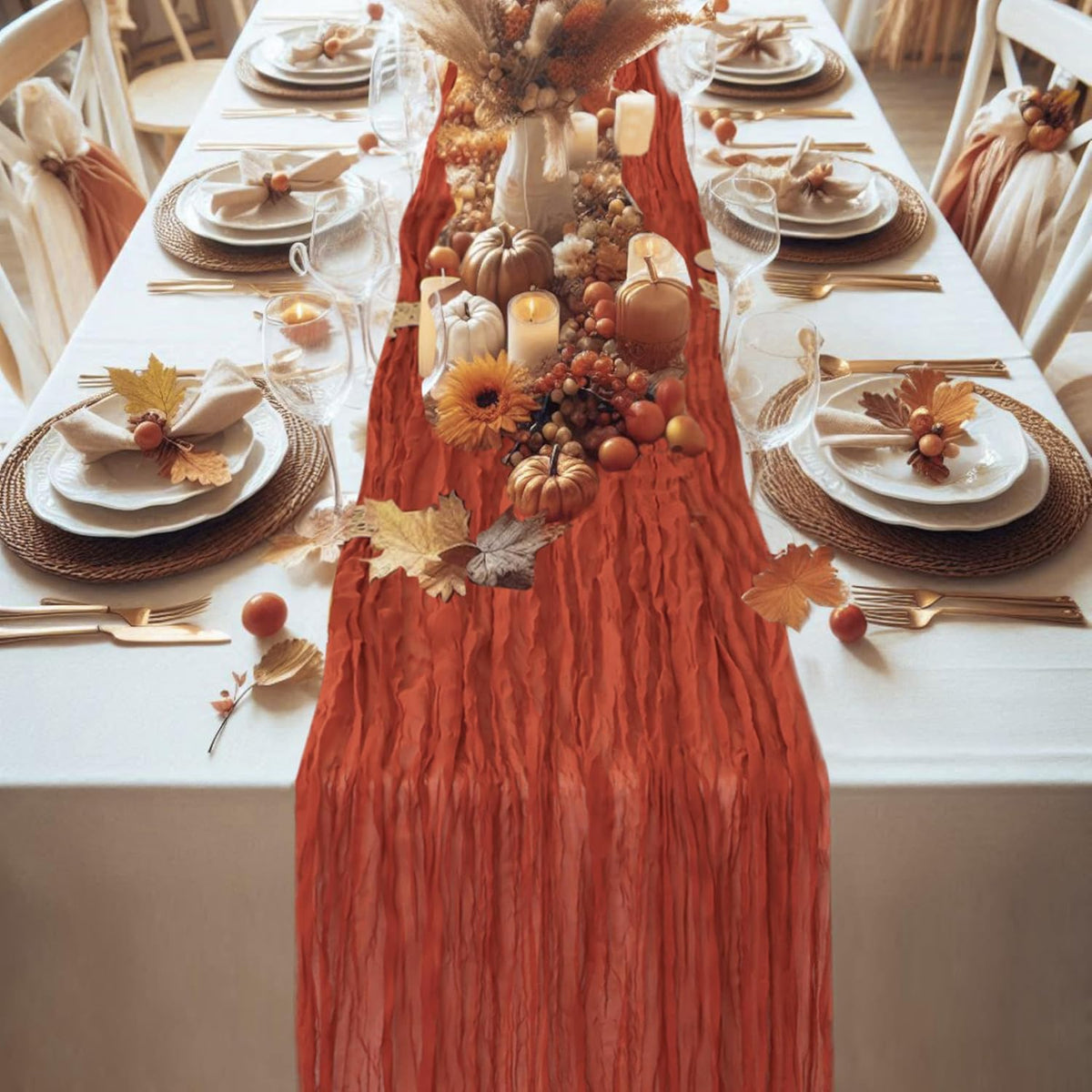 Snowkingdom 10 Ft Fall Table Runner Terracotta Cheesecloth, 120 inch Long Rust Burnt Orange Cheese