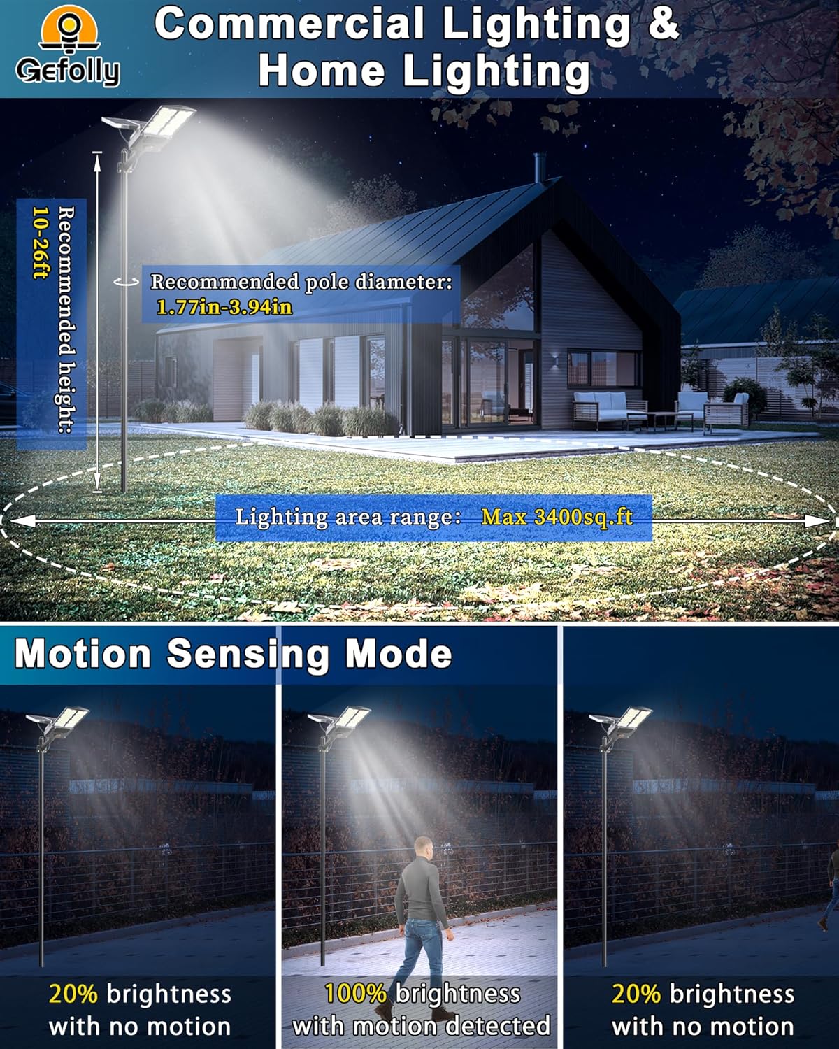 Gefolly SL-8500W Solar Street Light Outdoor 500000LM Commercial Parking Lot Lights Dusk to Dawn
