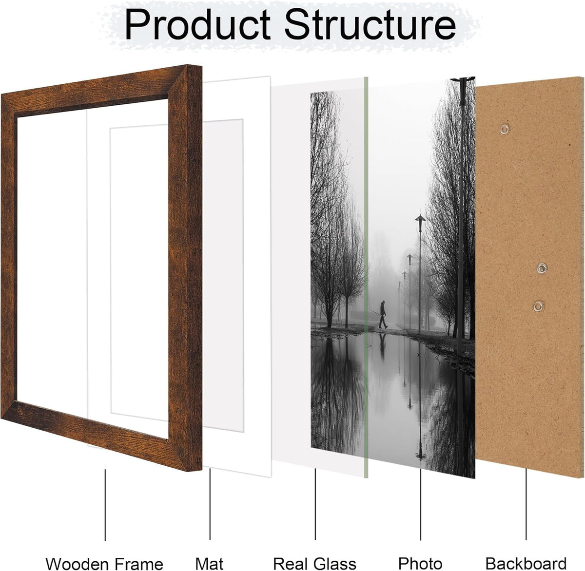 10x14 Picture Frame Set of 4 with Tempered Glass, Rustic Frame Display 8x12 Pictures with Mat or 10