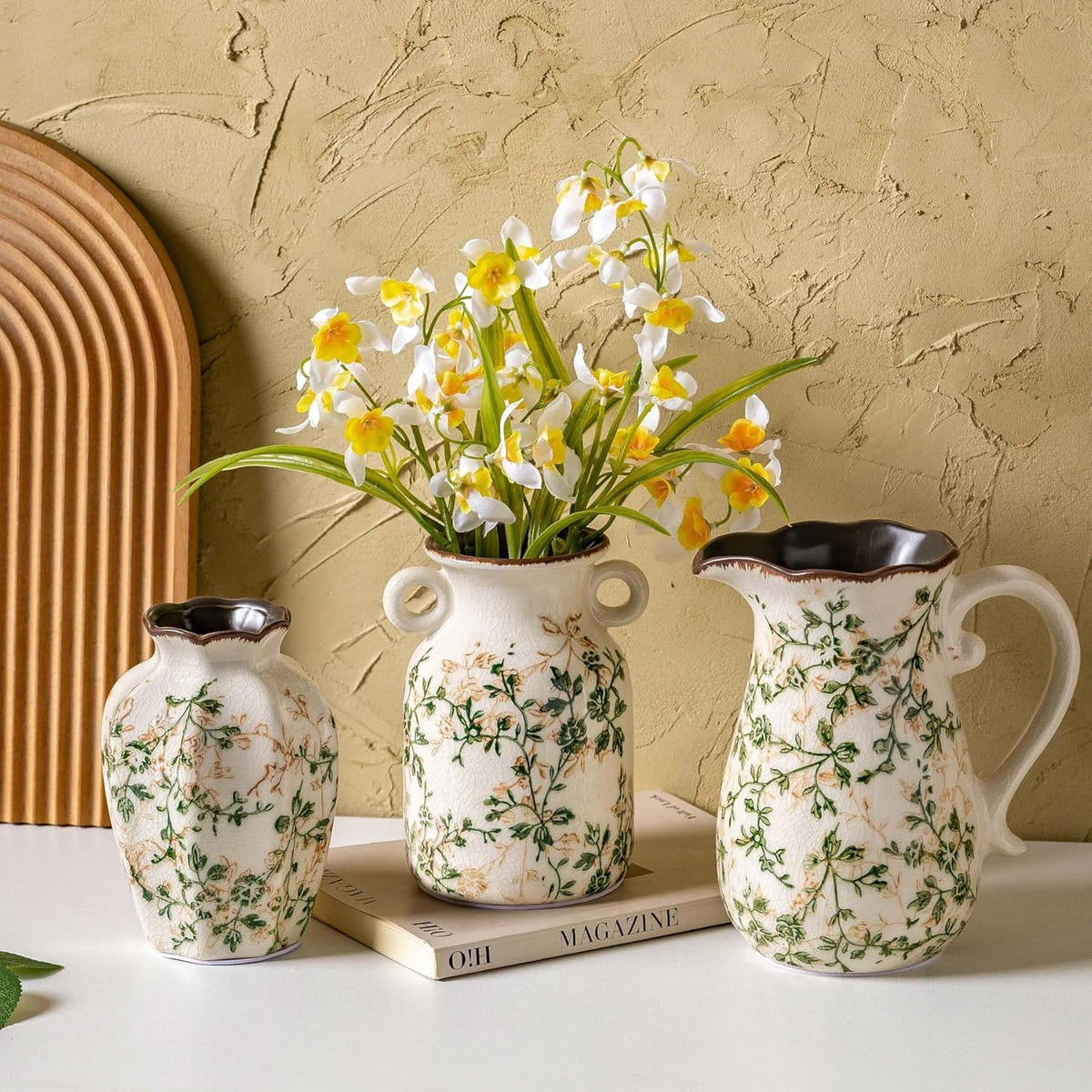 Ceramic Vases Set of 3, Green & Beige Chinoiserie Flower Pitcher Vase, Farmhouse Vintage Floral