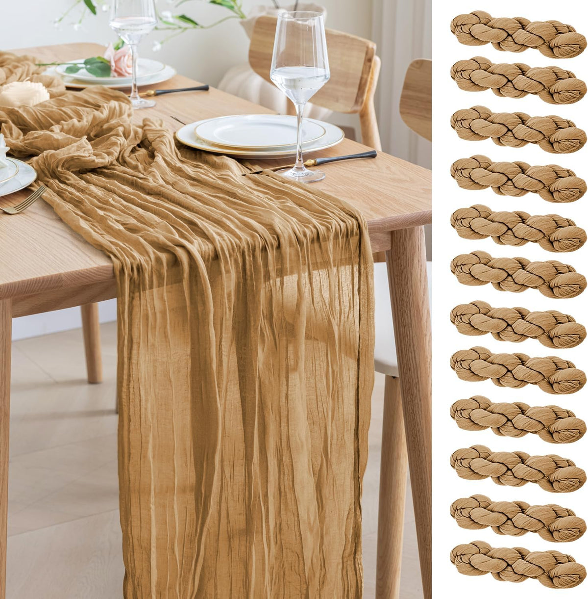 Asee'm 12pcs Cheesecloth Table Runner 120 Inches Long Khaki Boho Gauze Cheese Cloth Runner 10FT
