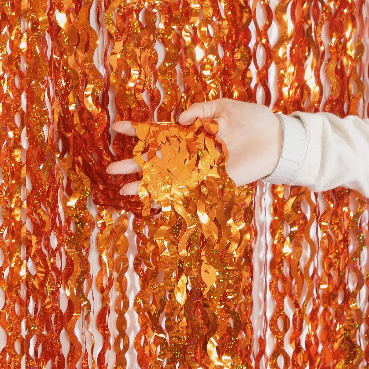 4 Pack Orange Wavy Metallic Tinsel Foil Fringe Curtains | 3.3 ft x 6.6 ft Party Streamer Backdrop