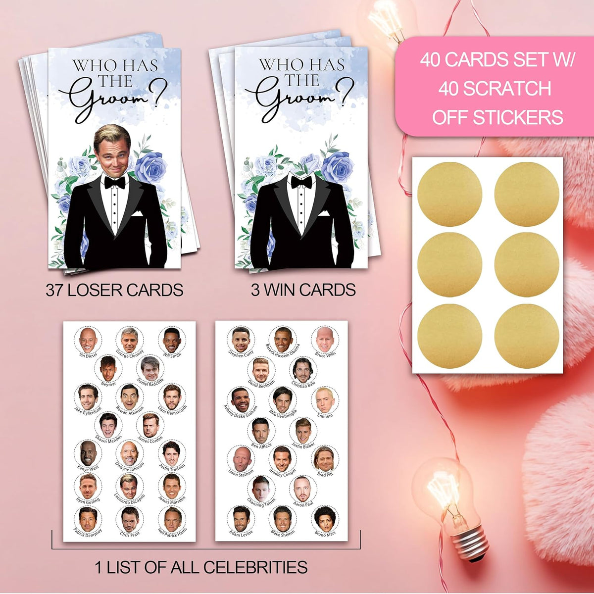 Who Has The Groom Bridal Shower Games, 41 Pcs Blue Floral Scratch Off Cards, 3.5"x 2.1" Funny