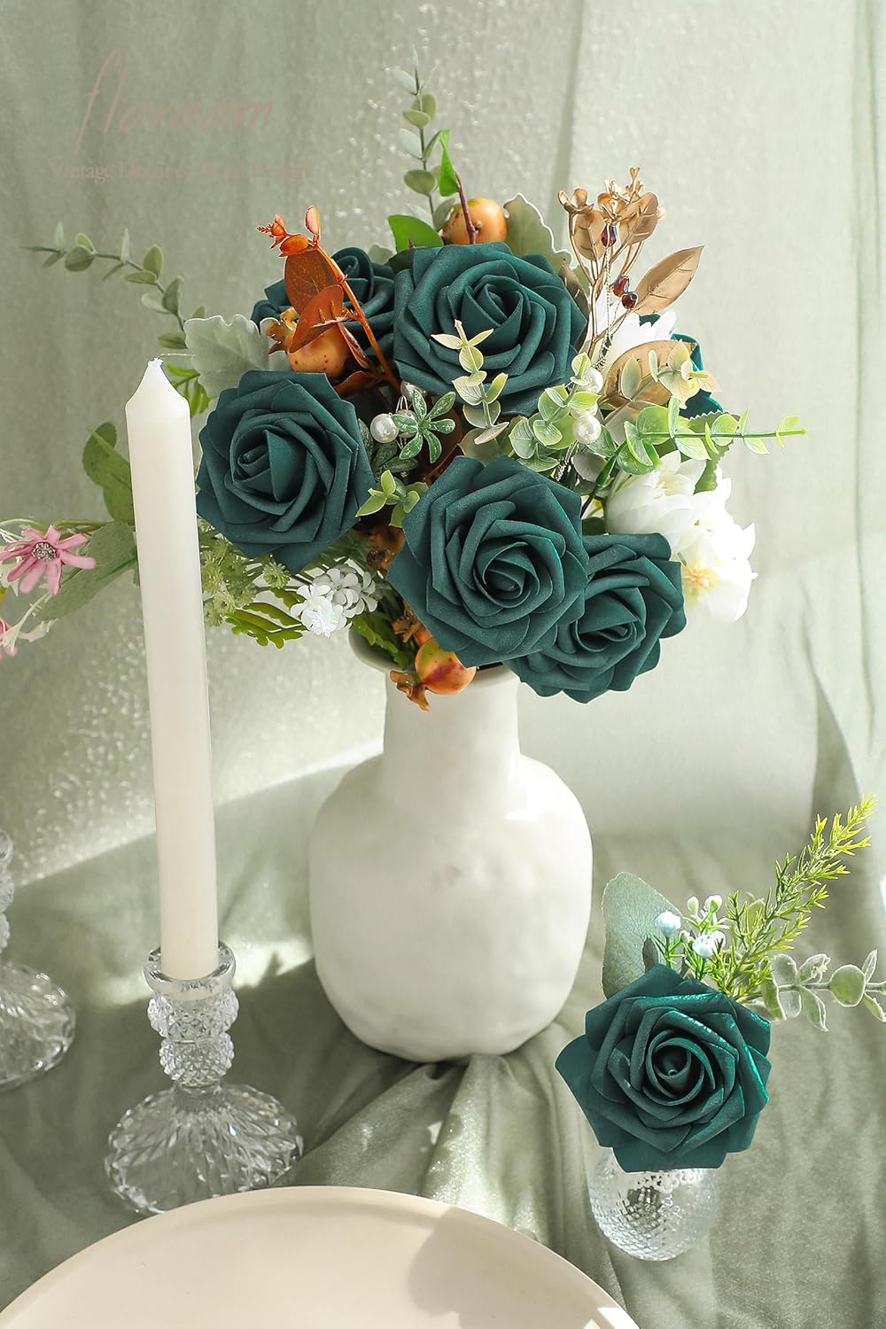 Floroom Artificial Flowers 25pcs Real Looking Peacock Green Foam Fake Roses with Stems for DIY