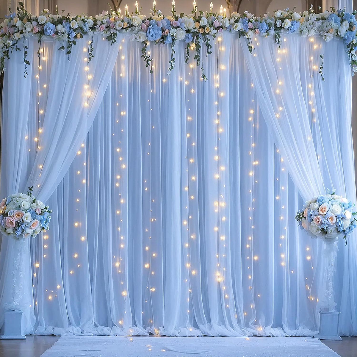 Baby Blue Sheer Tulle Backdrop Curtains with Lights String for Parites Baby Shower Decorations for