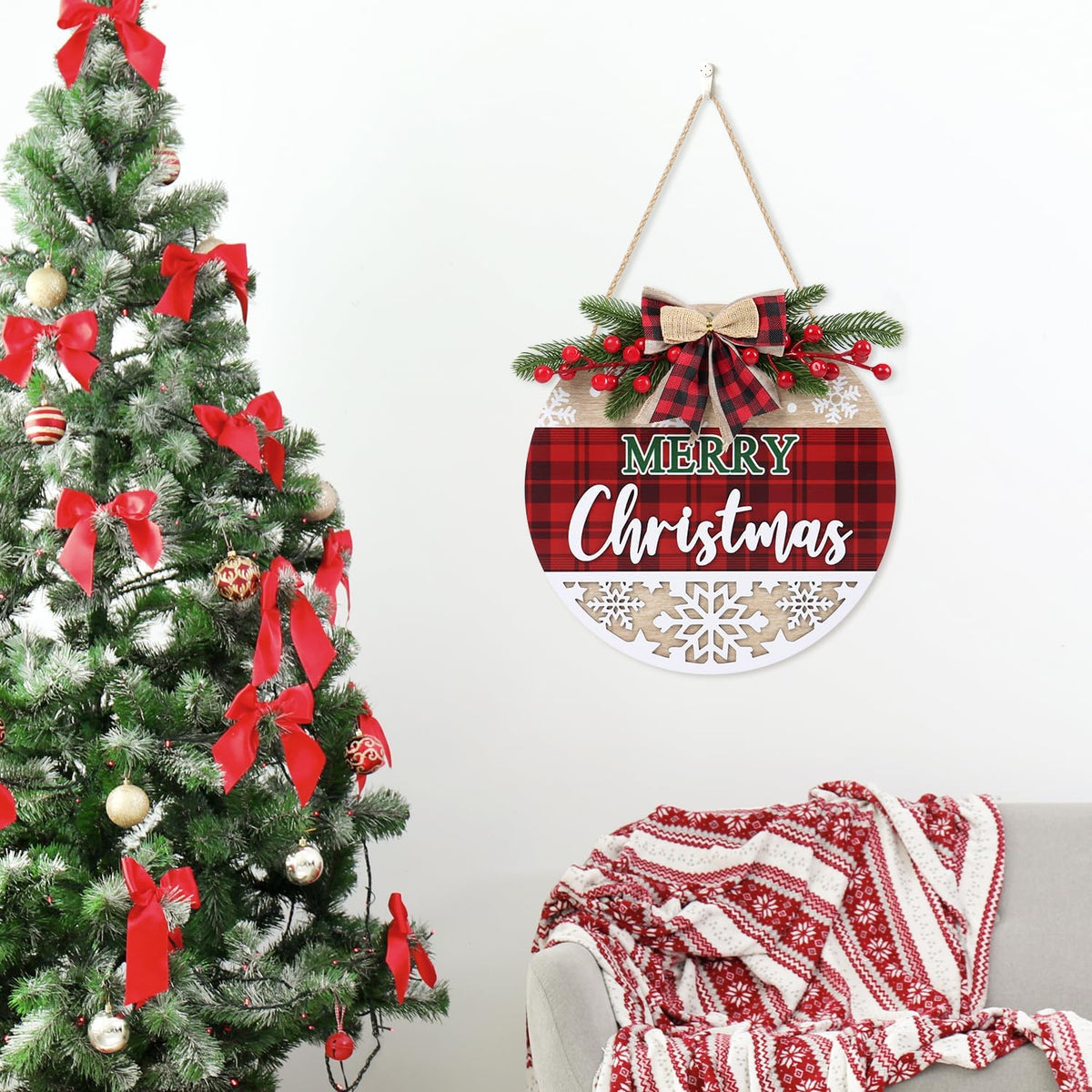 CHDITB 3D Merry Christmas Front Door Sign Wreath(11.4”), Red Black Bufflao Plaid Christmas