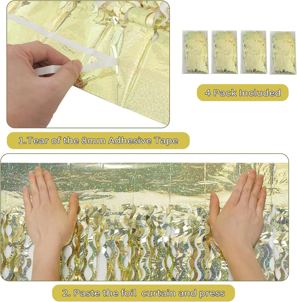 4 Pack Wavy Sparkle Champagne Gold Metallic Tinsel Foil Fringe Curtains Photo Booth Backdrop | Gold