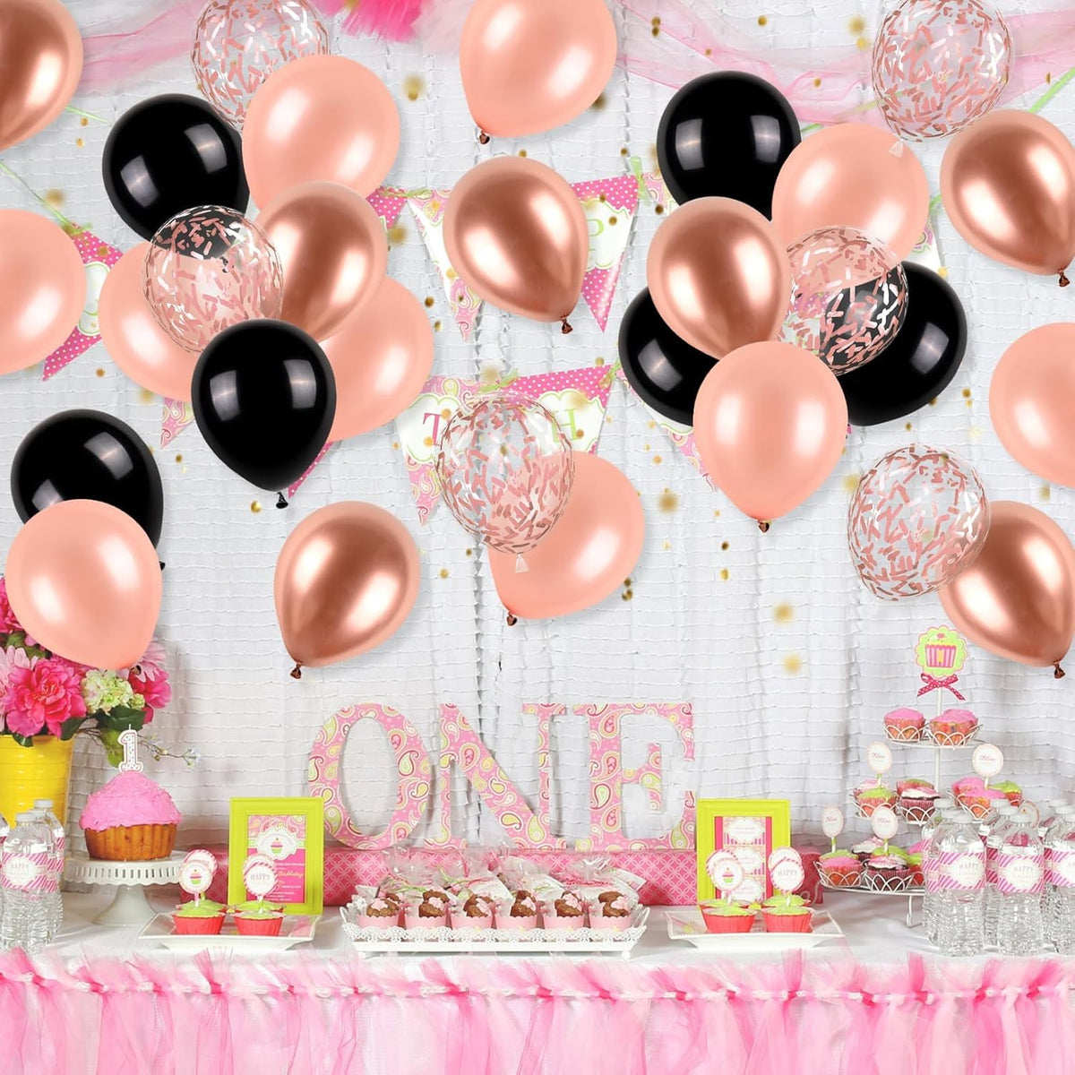 Rose Gold and Black Balloons Set, 12 inch Metallic Rose Gold Balloons Pearl Rose Gold Confetti