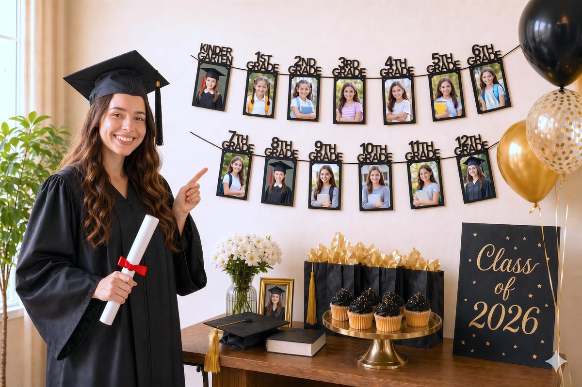 PartyHooman Graduation Photo Banner K-12, Kindergarten to 12th Grade for Middle/Junior, High/Senior