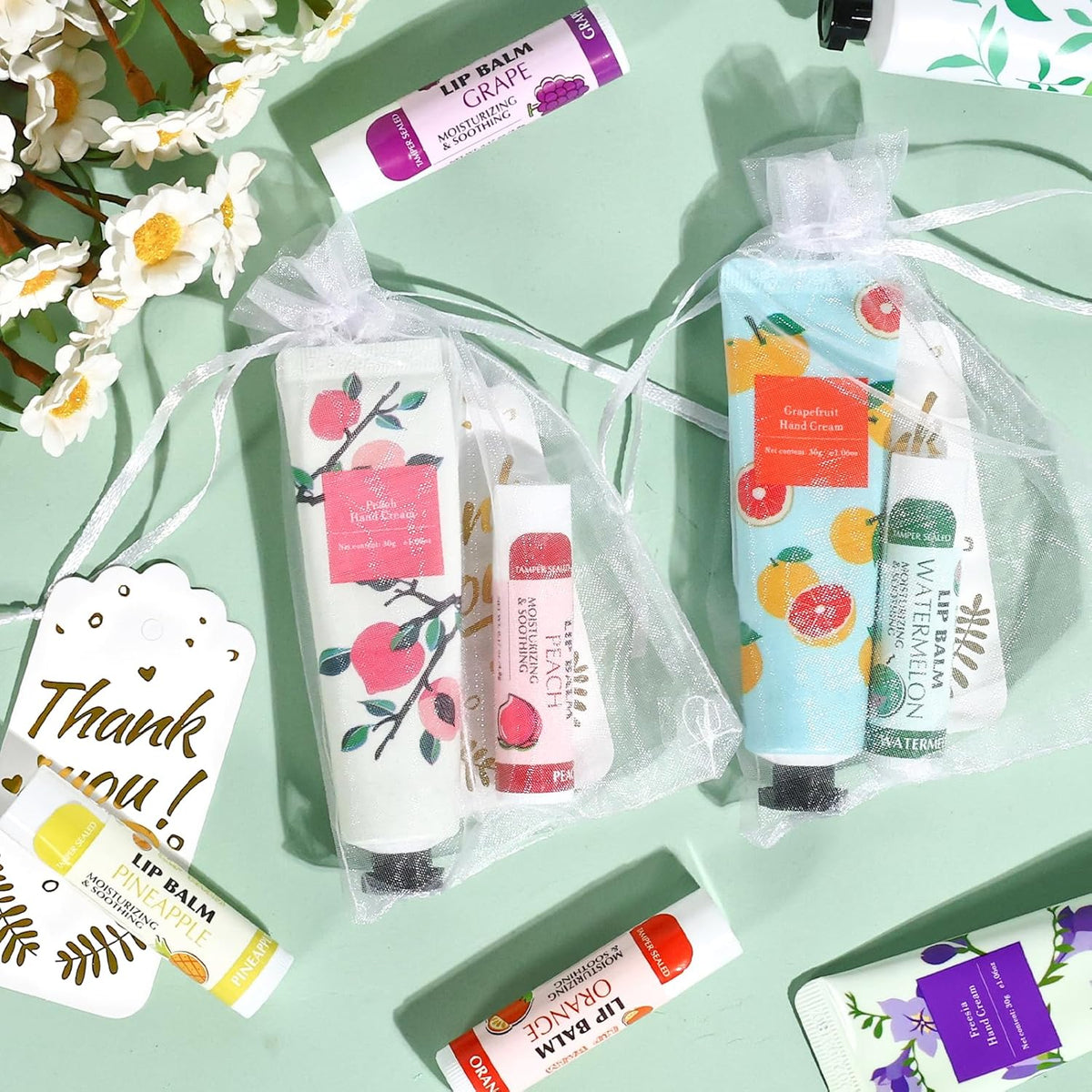AZEN 24 Sets Bulk Gifts, Hand Cream and Lip Balm Bulk Set with Organza Bag Thank You Card, Baby