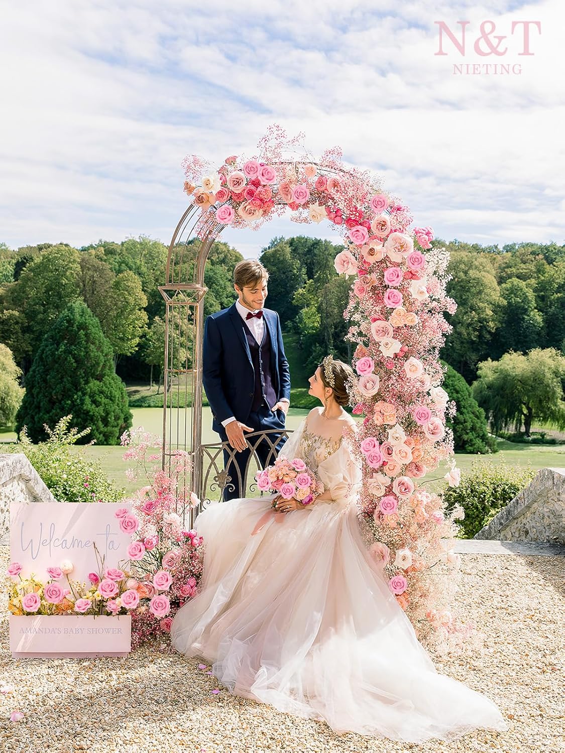 N&T NIETING Artificial Flowers Pink Roses, 50Pcs Fake Flowers Foam Roses with Stems for DIY Wedding