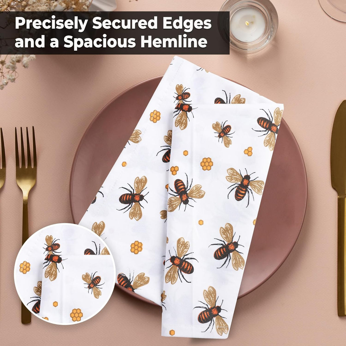 Urban Villa Dinner Napkins Honey Bee Print Cloth Napkins (Set of 12) Oversized 20x20 Inches 100%