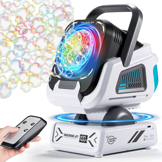 2025 Upgraded Bubble Machine with Remote Control, Automatic Rotation & RGB Lights, 1800mAh