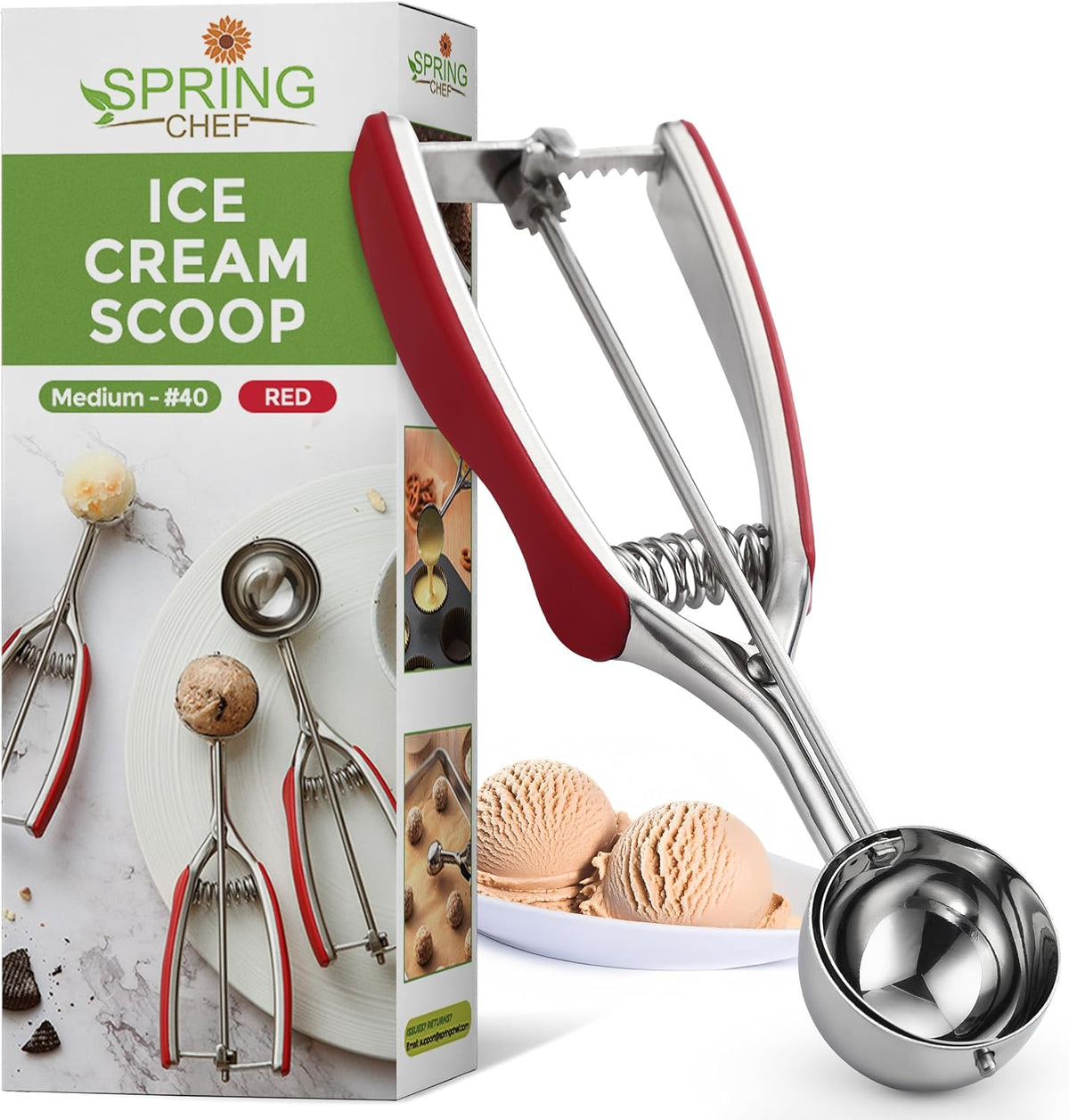 Spring Chef Red Medium 1.7 Tbsp Cookie Scoop for Baking - Stainless Steel #40 Melon Baller Scoop