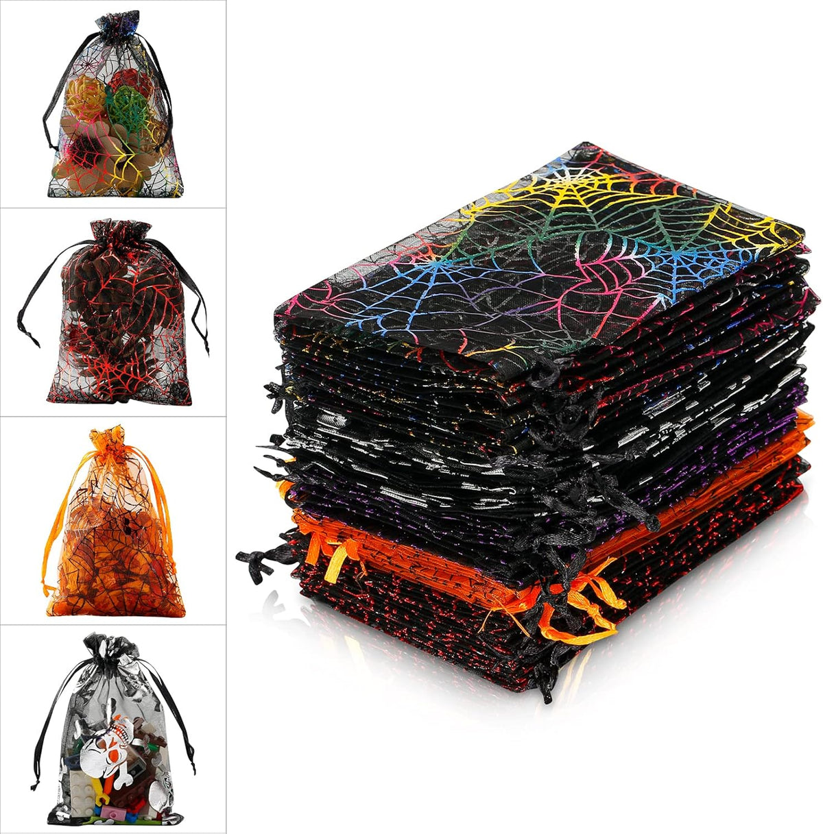 WenTao Halloween Organza Bags, Black Spider Web Favor Gift Bags with Drawstring, 4 x 6 inches