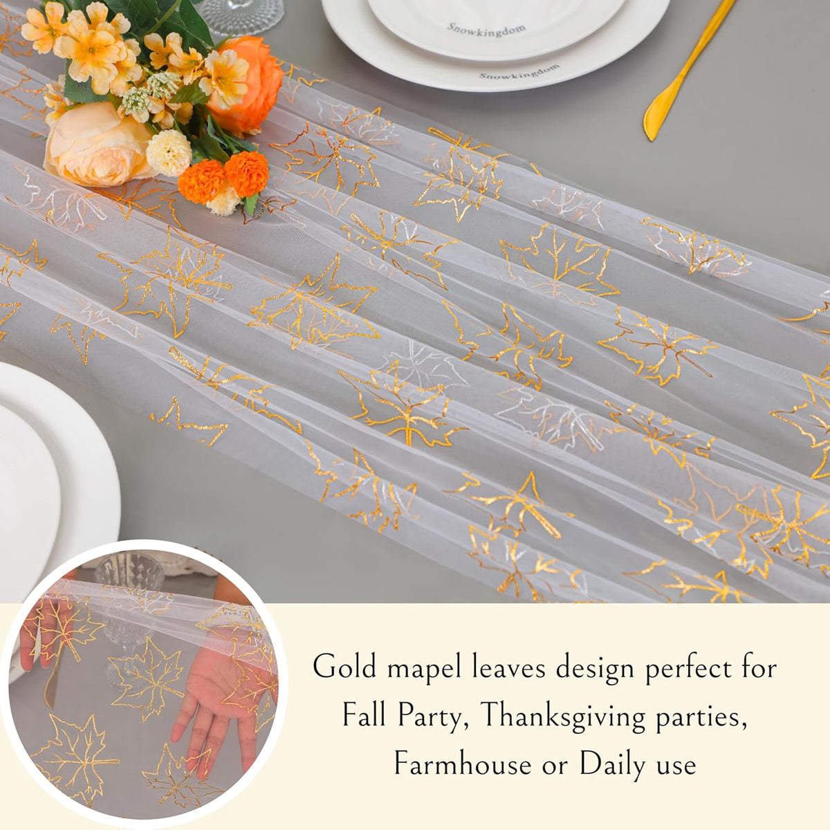 Snowkingdom Fall Table Runner, 10ft Gold Maple Leaves Gauze Chiffon Table Runners, Thanksgiving