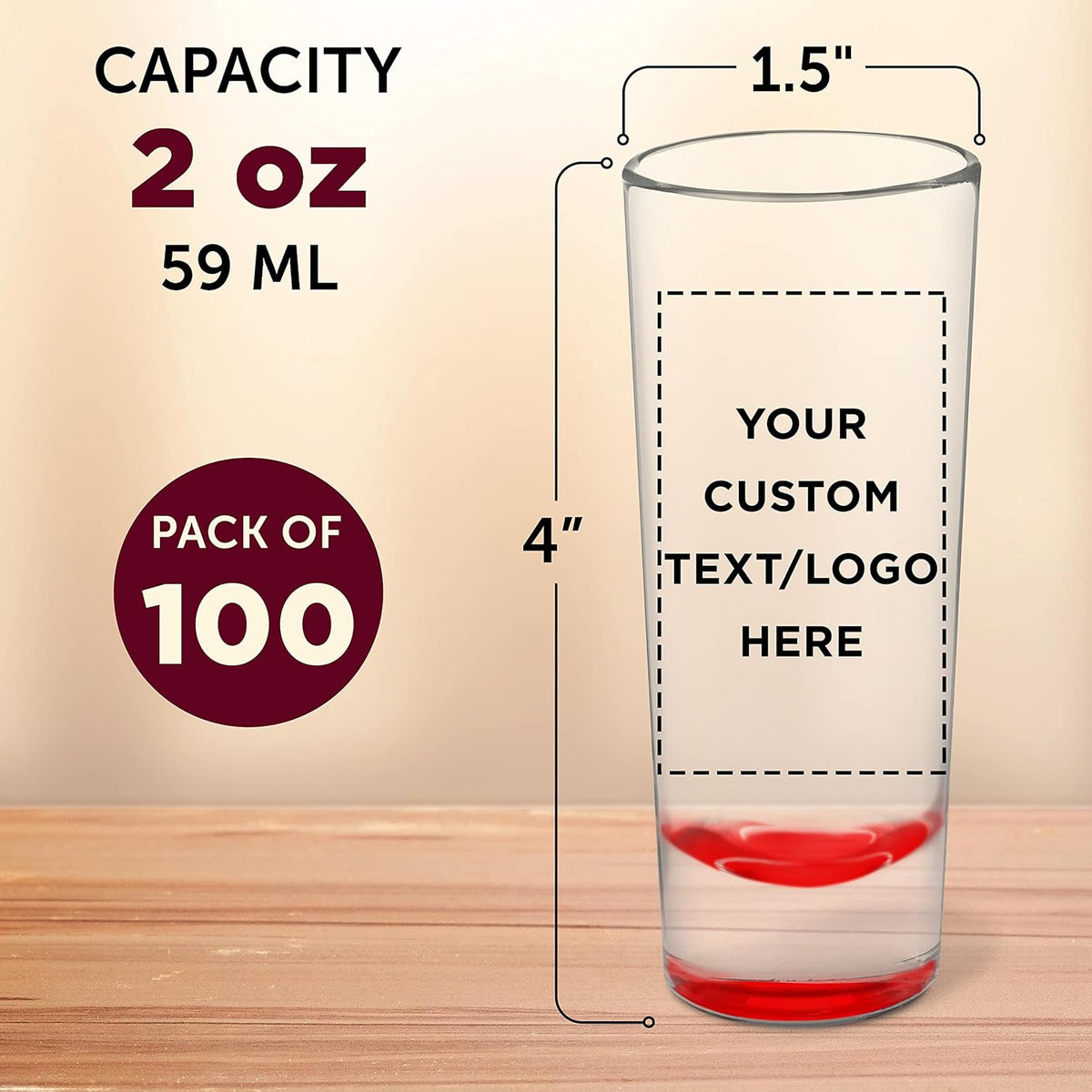 Custom Cordial Shooter Shot Glasses 2 oz. Set of 100, Personalized Bulk Pack - Great for Birthdays