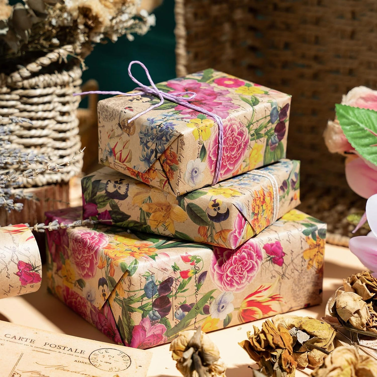 WRAPAHOLIC Kraft Floral Wrapping Paper Roll - Mini Roll - 17 Inch x 33 Feet - All Occasion Vintage