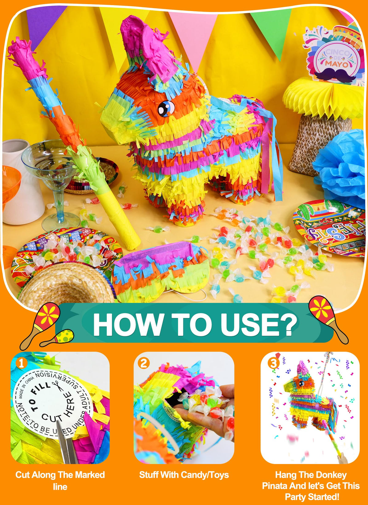 16" Cinco de Mayo Pinata, Large Rainbow Color Donkey Pinata 16 x 13 x 5.5 ln with Stick and