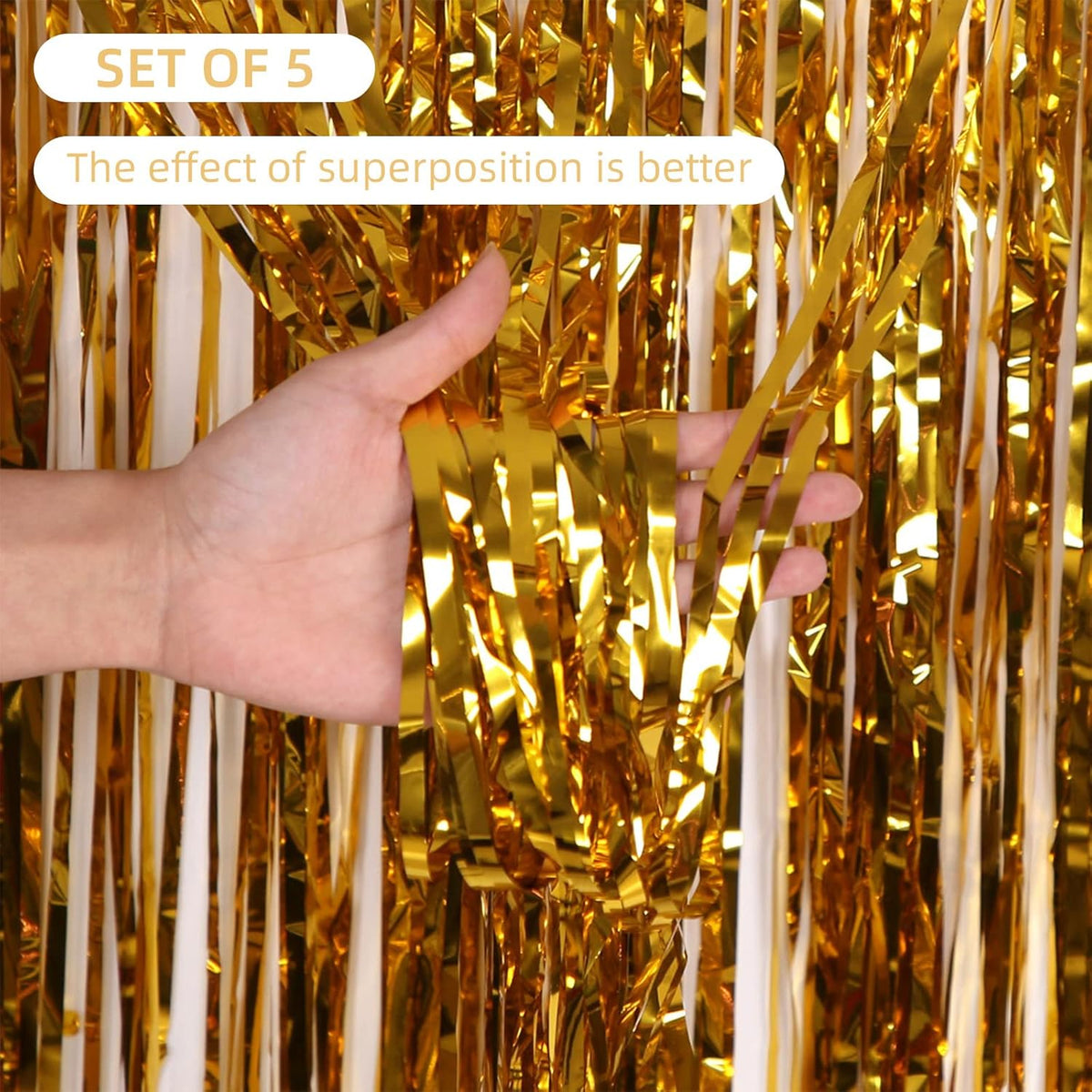 5 Pack Gold Fringe Backdrop 3.2ft x 8.2ft Foil Curtain Tinsel Foil Fringe Curtains Backdrop Tinsel