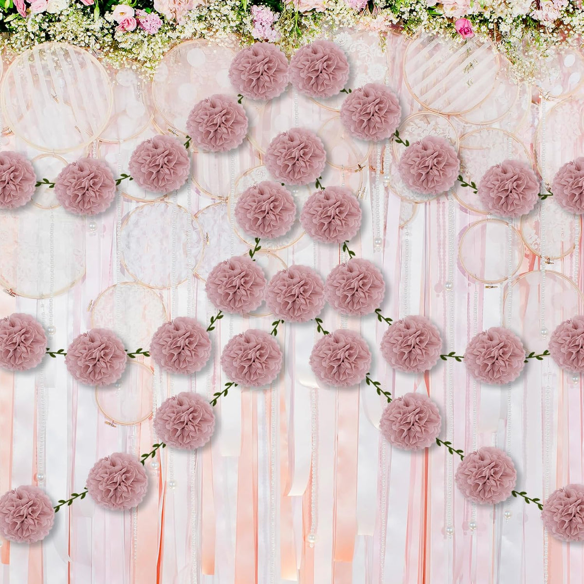 2 Pack Rose Pink Tissue Paper Pom Pom Garlands Hanging with Cloth Vine for Nature Garden Fence