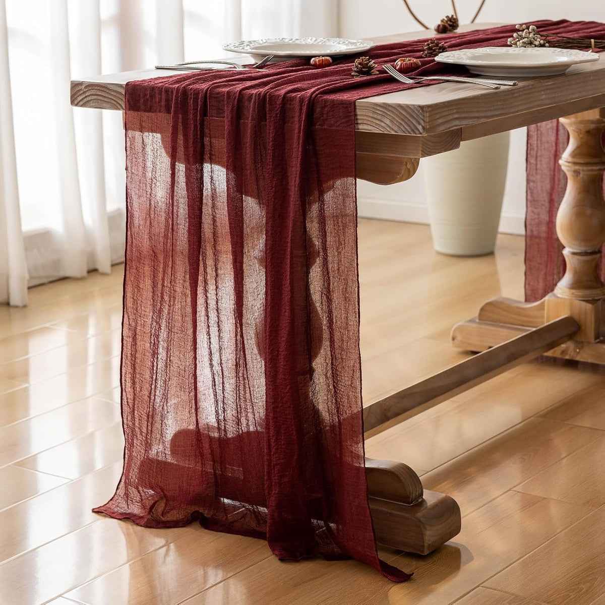 3pcs Burgundy Cheesecloth Table Runner Gauze 120 Inch 10 FT Rustic Boho Cheese Cloth Runner for