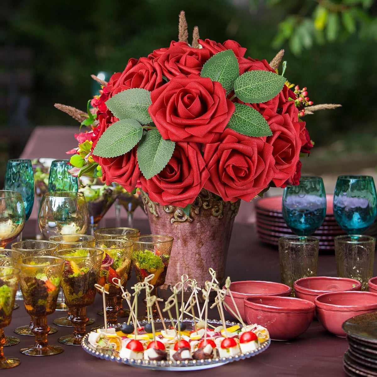 AmyHomie 25pcs Real Looking Artificial Red Roses w/Stem for DIY Wedding Bouquets Centerpieces